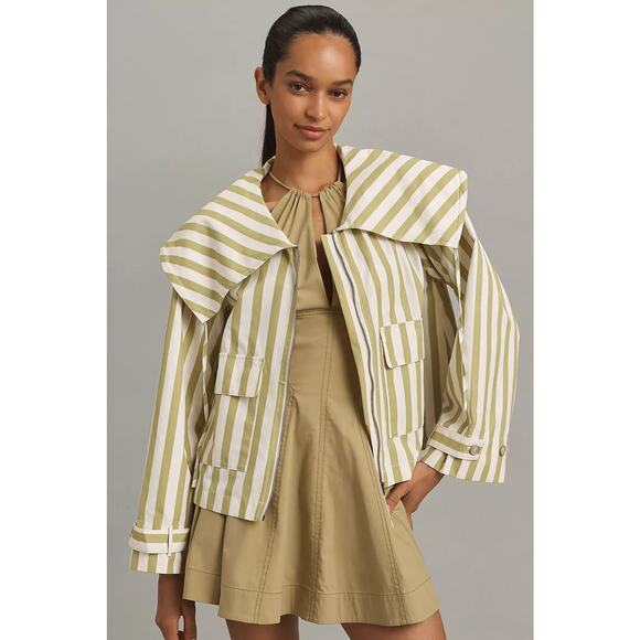 Maeve Lime Green Stripe Jacket Size Large Oversized Collar Lightweight - Picture 1 of 12